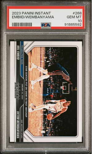 PSA 10 GEM MINT 2023 Panini Instant #268 Joel Embiid VS Victor Wembanyama Rookie Card "Star Centers put On A Show"