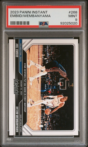 PSA 9 MINT 2023 Panini Instant #268 Joel Embiid VS Victor Wembanyama Rookie Card "Star Centers put On A Show"