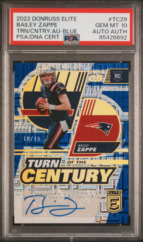 PSA 10 GEM MINT AUTO AUTH 2002 Donruss Elite #TC29 Bailey Zappe Rookie Card Turn Of The Century auto Blue #10/10